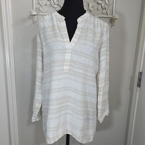 Ellen Tracy 100% Linen Striped V-Neck Shirt Size Med
